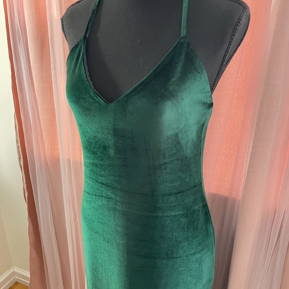 NBD X Revolve Hunter Green Velvet Side Slits Maxi Dress - Size S - Picture 3 of 6